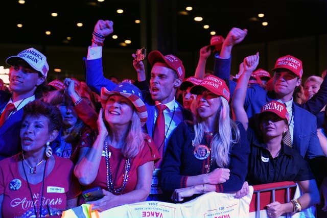 Supporters await Donald Trump at an election party in West Palm Beach, Florida