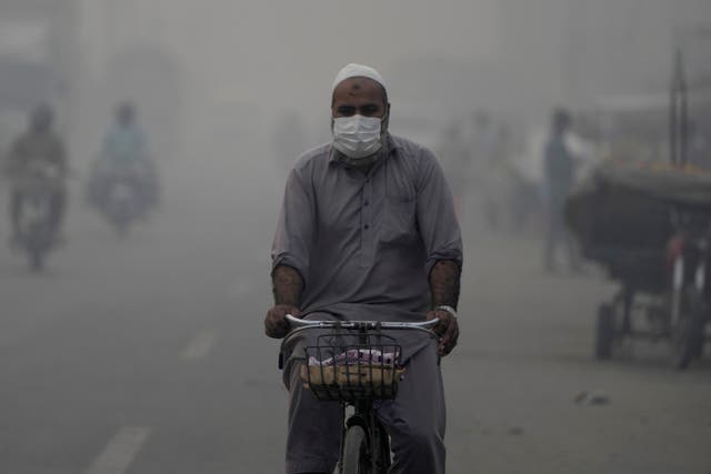 A cyclist, wearing a mask, heads to work amid the smog in Lahore