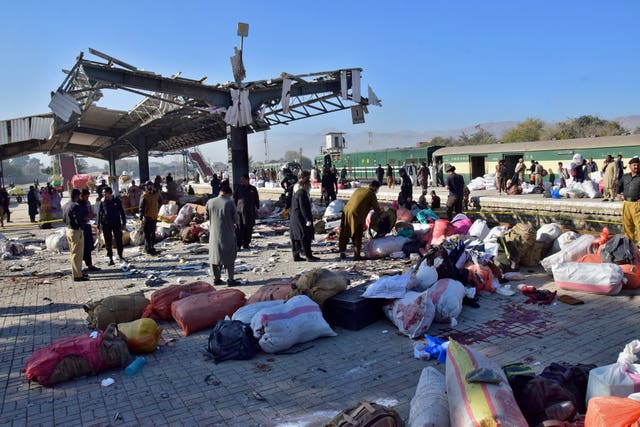 The site of a bomb explosion at a railway station in Quetta