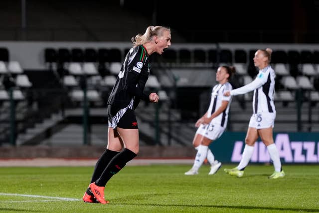 Arsenal Women''s Stina Blackstenius celebrates scoring