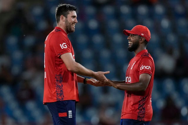 Jamie Overton, left, celebrates a wicket with Rehan Ahmed