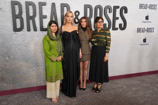 From left, executive producer Malala Yousafzai, producers Jennifer Lawrence and Justine Ciarrocchi, and director Sahra Mani at the premiere of the documentary film Bread & Roses