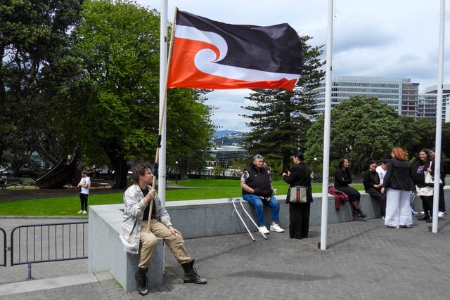 A protester against the Treaty Principles Bill sits outside parliament in Wellington holding a flag