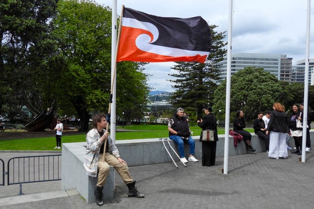 A protester against the Treaty Principles Bill sits outside parliament in Wellington, New Zealand