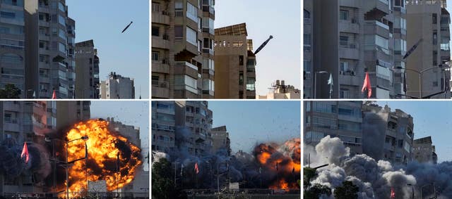 This combination of photographs shows a bomb dropped from an Israeli jet as it hits a building in Tayouneh, Beirut, Lebanon