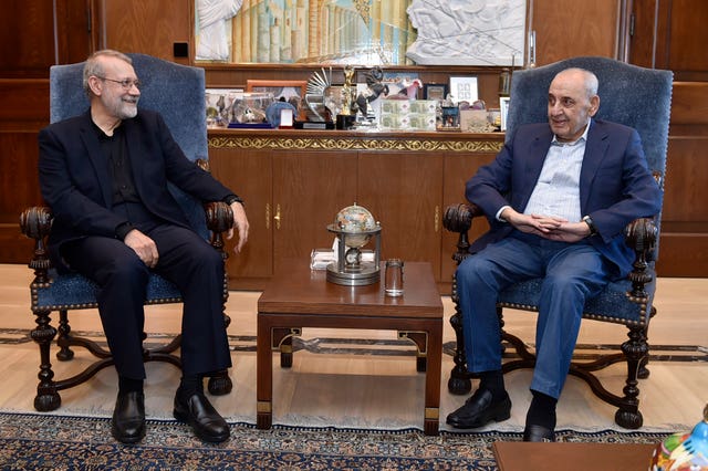 Lebanese parliament speaker Nabih Berri, right, meets Ali Larijani, an adviser to Iran’s supreme leader Ali Khamenei, in Beirut, Lebanon