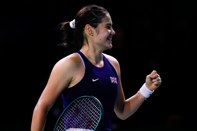 Emma Raducanu celebrates beating Canada's Rebecca Marino