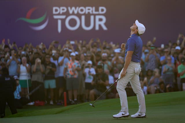 Rory McIlroy celebrates after his winning putt in Dubai