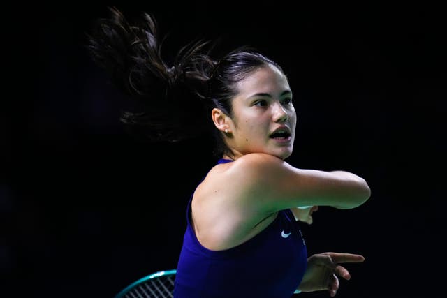 Emma Raducanu strikes a forehand during her win over Viktoria Hruncakova