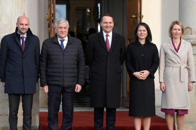 From left, France’s Minister for Europe and Foreign Affairs Jean-Noel Barrot, Italy’s Foreign Minister Antonio Tajani, Poland’s Foreign Minister Radoslaw Sikorski, Germany’s Foreign Minister Annalena Baerbock and Estonia’s EU Commissioner-Designate Kaja Kallas, pose for a photo on the occasion of a European foreign ministers meeting, in Warsaw,