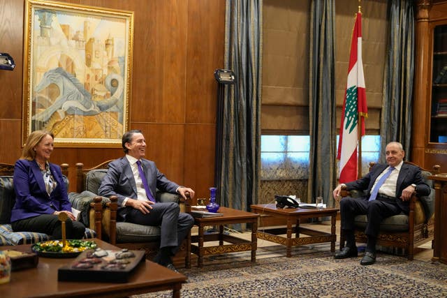 Amos Hochstein, centre, and Lebanese parliament speaker Nabih Berri