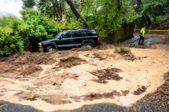 A mudslide as heavy rain falls near Healdsburg in California 