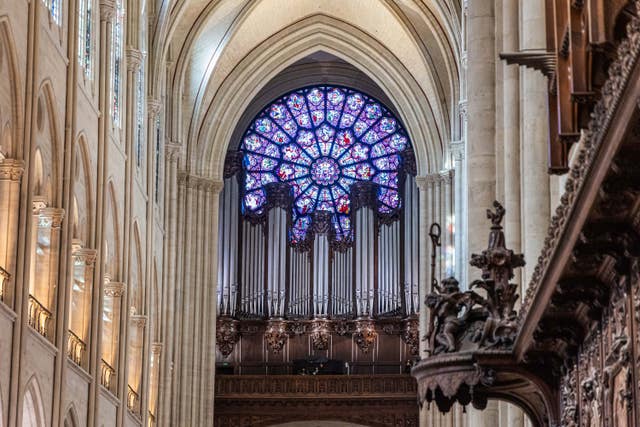 View of the stained glass rose window and the great organs