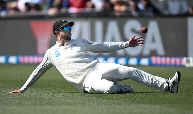 New Zealand’s Devon Conway drops a catch during play on the second day