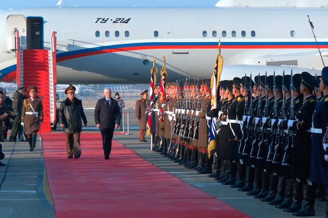 Andrei Belousov is welcomed by No Kwang Chol upon his arrival at Pyongyang International Airport 