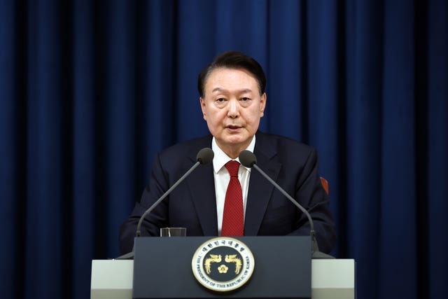 South Korean President Yoon Suk Yeol speaks during a press briefing at the presidential office in Seoul, South Korea