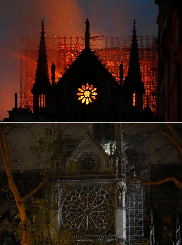 Flames and smoke rise from Notre Dame cathedral as it burns in April 2019, top, and a view of the cathedral following restoration works in December 2024