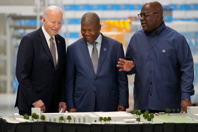 President Joe Biden, Angola’s President Joao Lourenco, and Guinea-Bissau’s President Umaro Sissoco Embalo, at the Carrinho food processing factory near Lobito