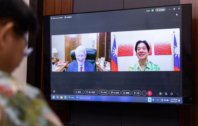 Taiwan’s President Lai Ching-te is seen on screen during a video call with US Senator Roger Wicker