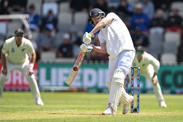 England’s Harry Brook hits over the top against New Zealand at the Basin Reserve