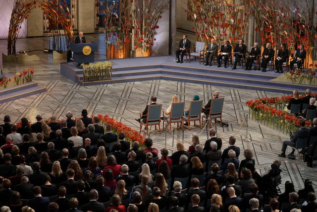 Terumi Tanaka speaking during the Nobel Peace Prize ceremony in Oslo