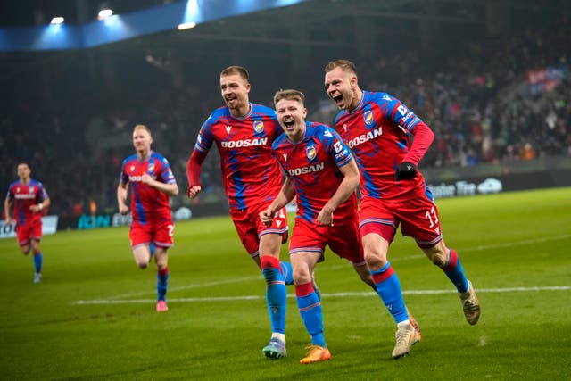 Plzen’s Matej Vydra celebrates with team-mates after scoring his side’s opening goal against Manchester United
