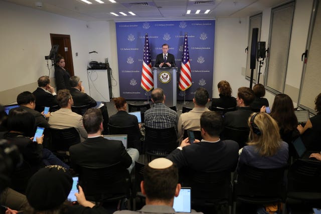 Jake Sullivan speaking during a news conference in Tel Aviv, Israel