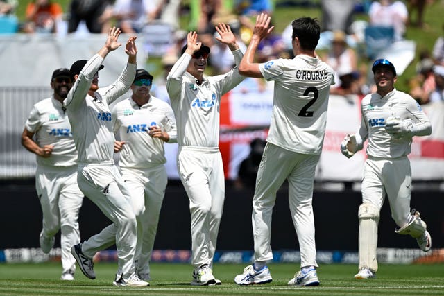  Will O’Rourke celebrates the wicket of England’s Jacob Bethell