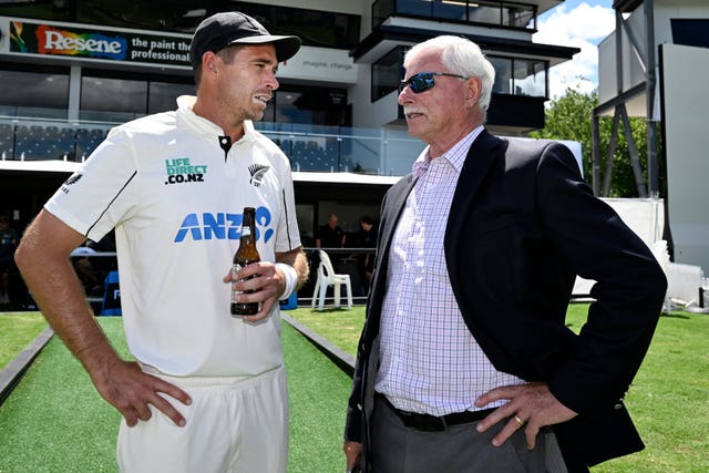 New Zealand’s Tim Southee, left, and Sir Richard Hadlee talk following the end of the Test