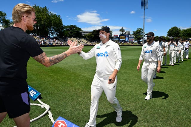 England captain Ben Stokes shakes hands with New Zealand captain Tom Latham at the end of the third Test between England in Hamilton