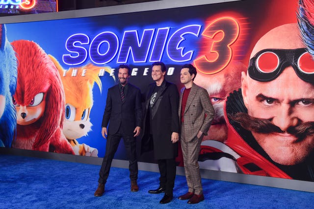 Keanu Reeves, from left, Jim Carrey and Ben Schwartz at the premiere of Sonic The Hedgehog 3 at TCL Chinese Theatre in Los Angeles