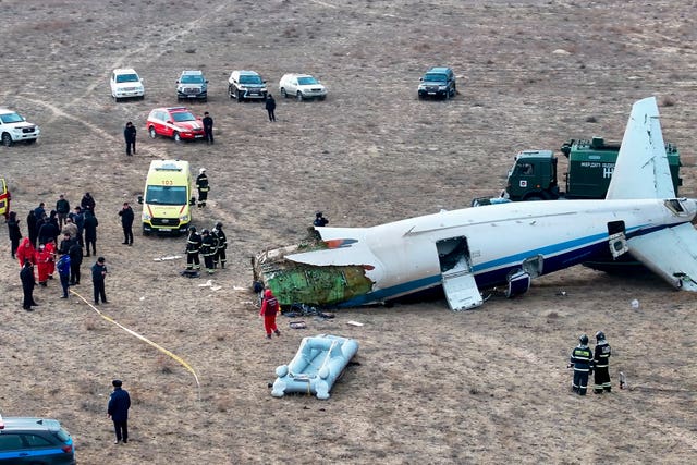 The wreckage of Azerbaijan Airlines Embraer 190 lays on the ground near the airport of Aktau, Kazakhstan 