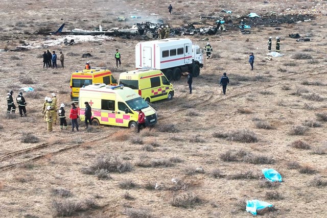 The wreckage of Azerbaijan Airlines Embraer 190 lays on the ground near the airport of Aktau, Kazakhstan