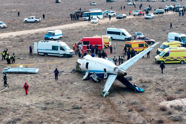 The wreckage of Azerbaijan Airlines Embraer 190 lays on the ground near the airport of Aktau, Kazakhstan