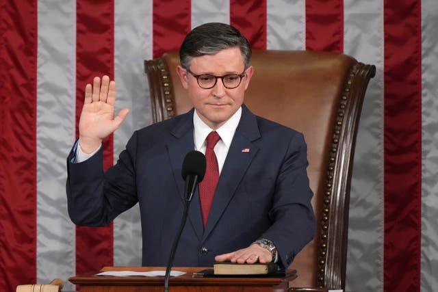 House Speaker Mike Johnson takes the oath of office after being re-elected as the House of Representatives meets to elect a speaker and convene the new 119th Congress at the Capitol in Washington