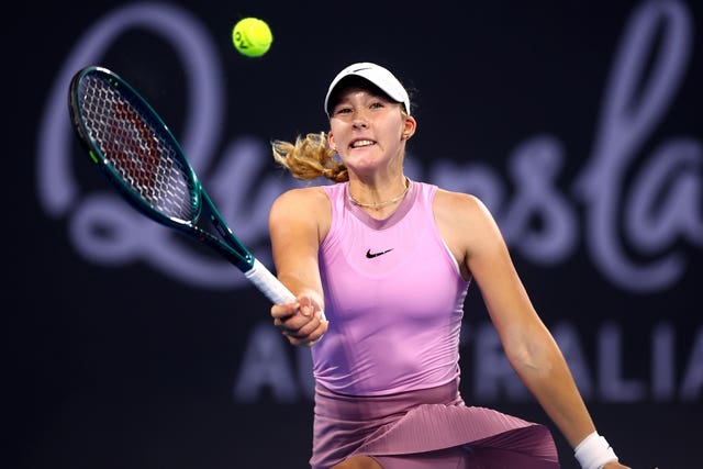 Mirra Andreeva plays a forehand at the Brisbane International 