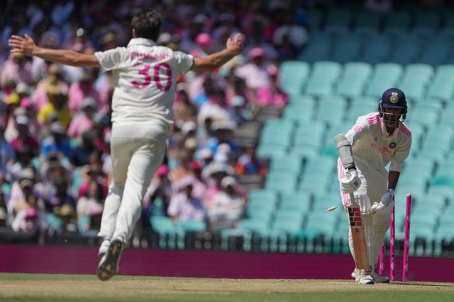 India’s Washington Sundar is out bowled by Australia’s captain Pat Cummins