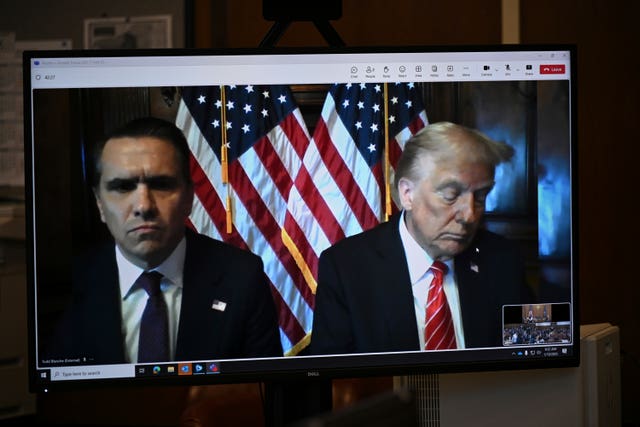 Lawyer Todd Blanche and Donald Trump on a TV screen