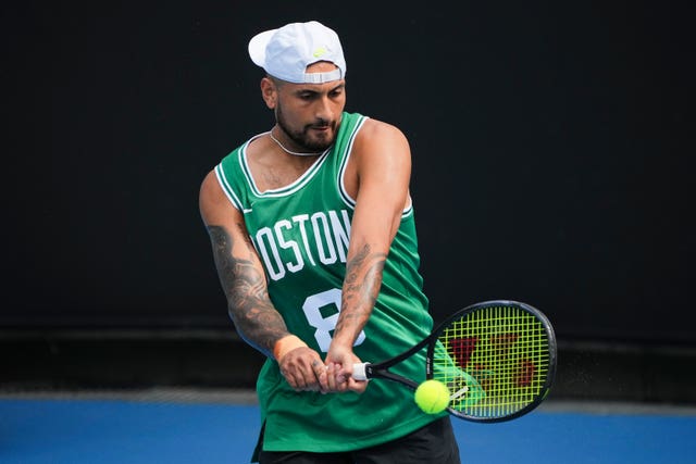 Nick Kyrgios hits a backhand during practice