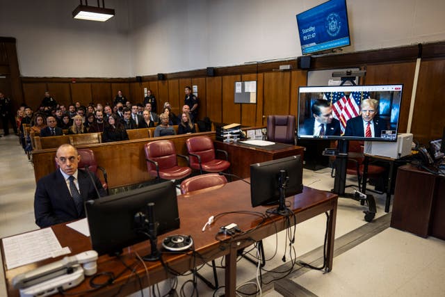 President-elect Donald Trump appears with his lawyer Todd Blanche on a video feed for his sentencing for for his hush money conviction in a Manhattan court 