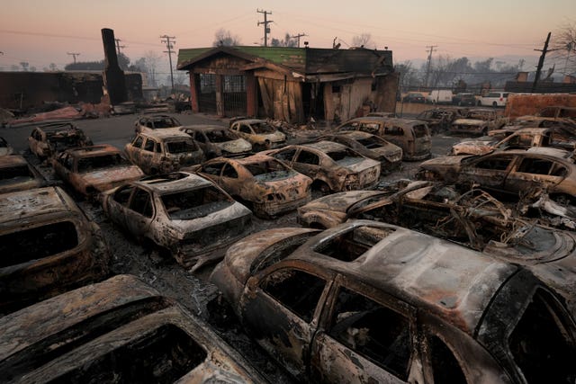 Burned cars inside a dealership