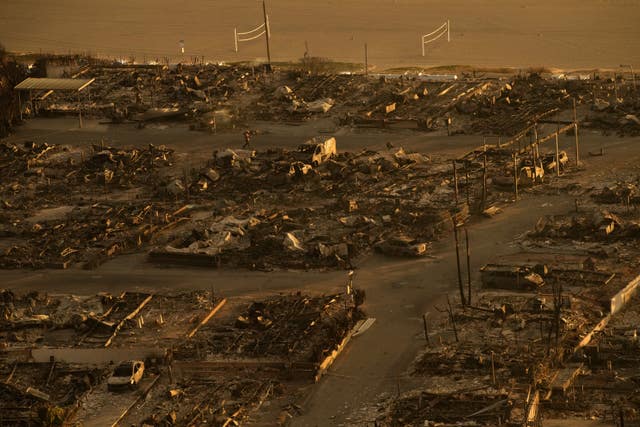 A wide view of a neighbourhood taken from above. Every building and car is burnt. In the distance, a person is seen walking down the middle of the road