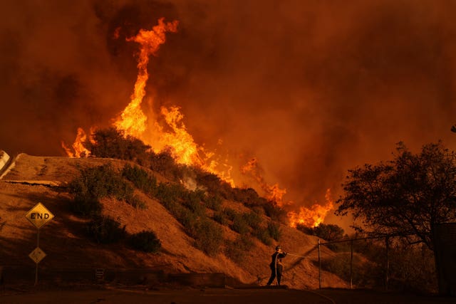 A firefighter battles the Palisades Fire in Mandeville Canyon on Saturday