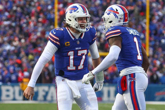 Josh Allen and Curtis Samuel celebrate