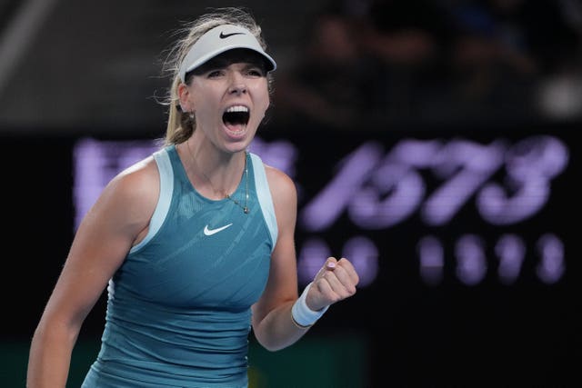 Katie Boulter celebrates beating Rebecca Marino