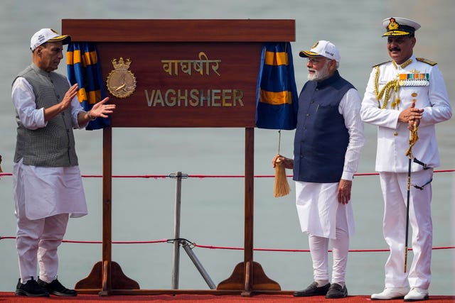 Indian Prime Minister Narendra Modi on the deck of submarine Vaghsheer