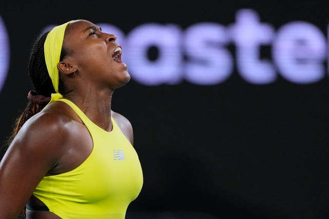 Coco Gauff celebrates winning a point 