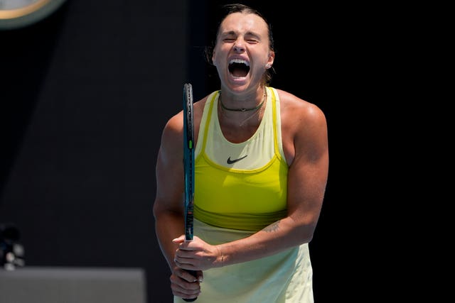 Aryna Sabalenka roars after winning the first set