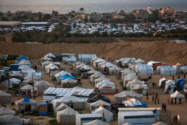 A view of a tent camp for displaced Palestinians in Khan Younis, Gaza Strip, on Saturday