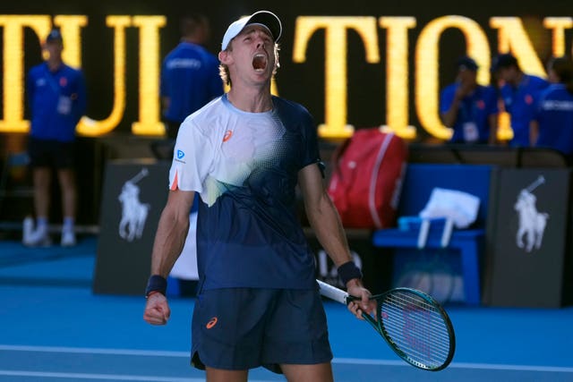 Alex de Minaur of Australia celebrates after defeating Francisco Cerundolo at the Australian Open